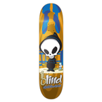 Skateboard deck with a cartoon skeleton design and 'Blind' branding on a white background