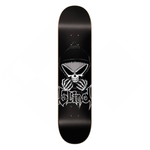 Black skateboard deck with a skull design on a white background