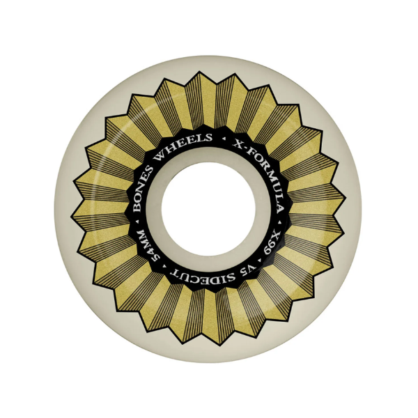 Skateboard wheel with gold and black design on a white background