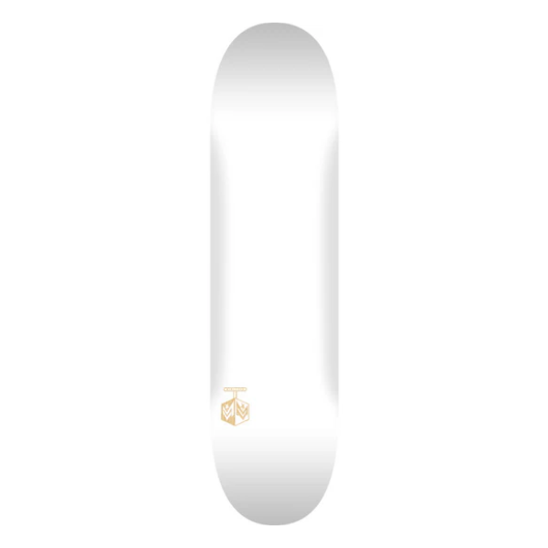 White Skateboard deck with a gold logo on a white background