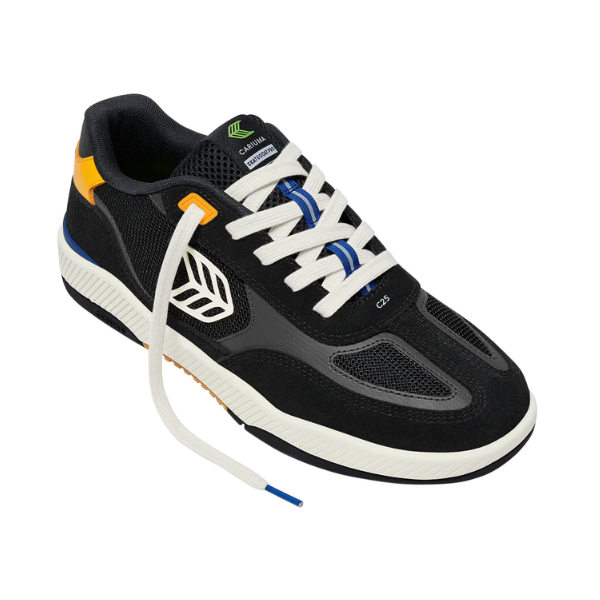 Black sneaker with white laces on a white background