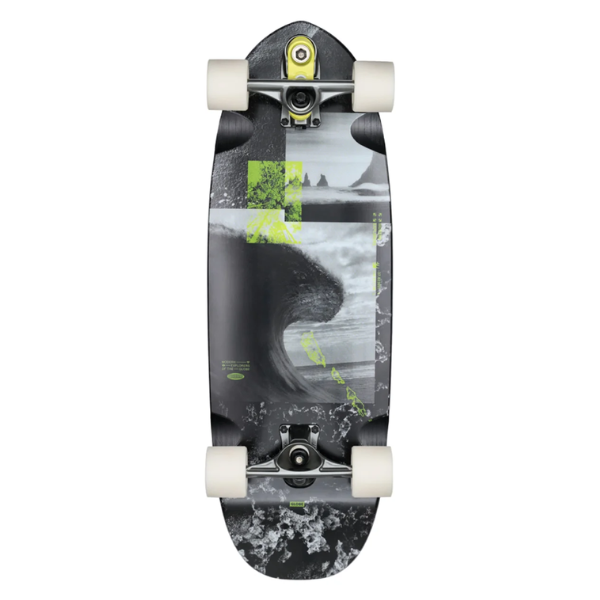 Skateboard with a graphic design on a white background