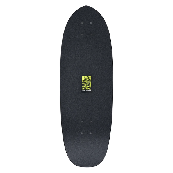 Black skateboard deck with a logo on a white background