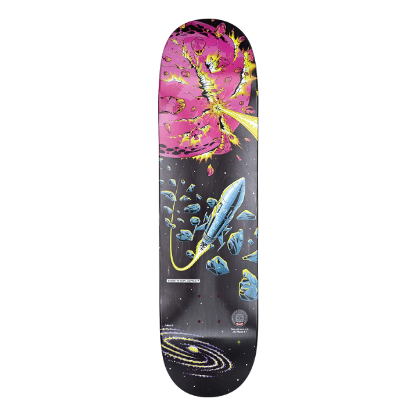 Skateboard deck with a colorful design of a rocket and abstract elements on a black background