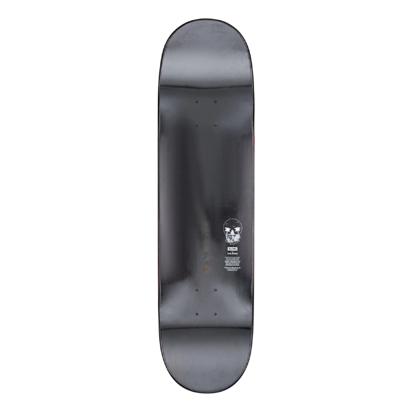 Black skateboard deck top with a logo on a white background