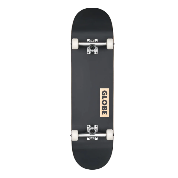 Black skateboard with 'Globe' logo on a white background