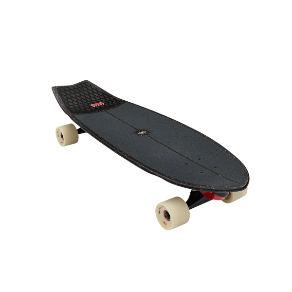 Black skateboard with beige wheels on a white background