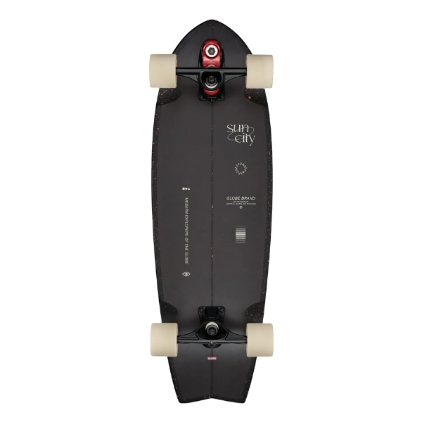 Black skateboard with 'Sun City' branding on a white background