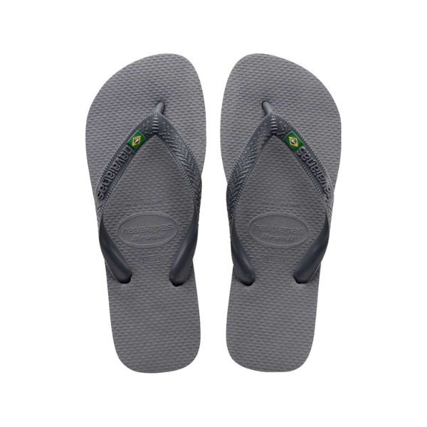 Pair of gray flip-flops with a brand logo on a white background