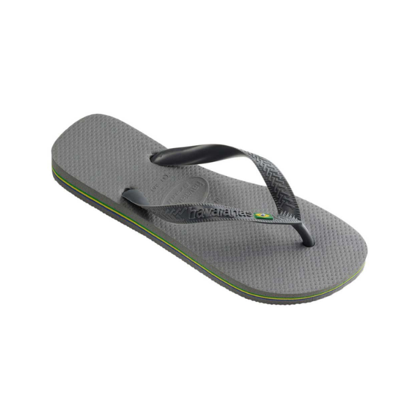 Gray flip-flop sandal with a logo on a white background