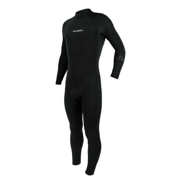 Black wetsuit with 'Manera' branding on a white background