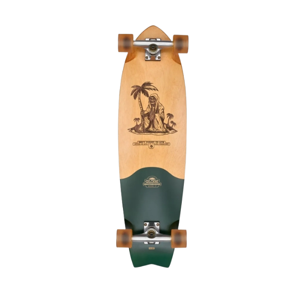 Wooden skateboard with a graphic design on a white background