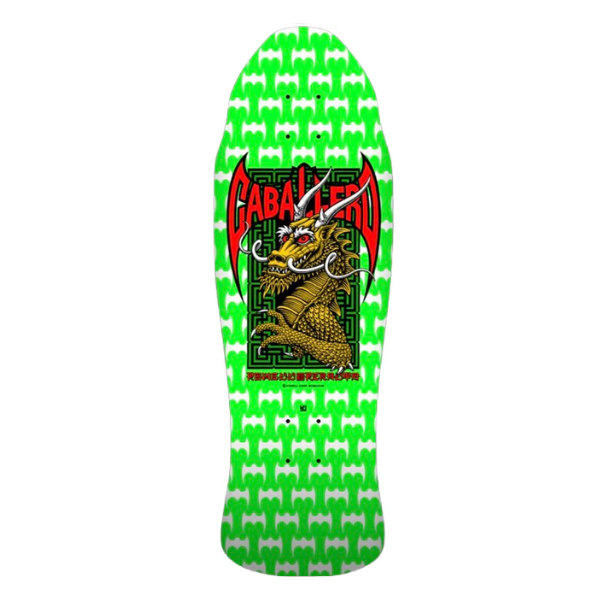 Skateboard deck with dragon design and 'Gabalera' branding on a green and white patterned background