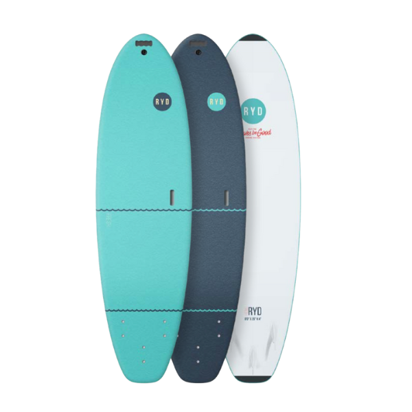 Three surfboards in turquoise, blue, and white with RYO branding on a white background.