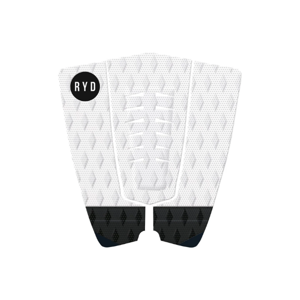 Two white textured surfboard fins with black tips on a white background, featuring the RYD logo.