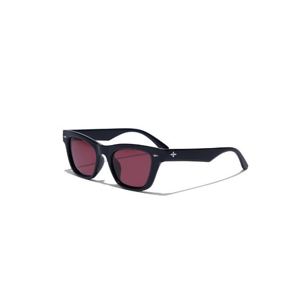 Black sunglasses with red lenses on a white background Angled View 