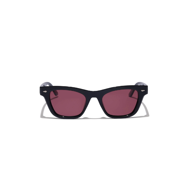 Black cat-eye sunglasses with red lenses on a white background