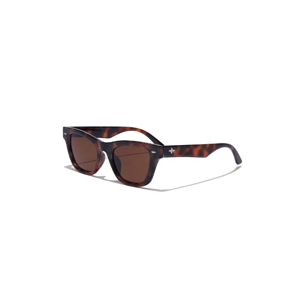 Sunglasses with tortoiseshell frame and brown lenses on a white background