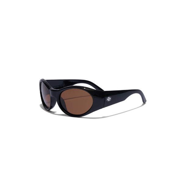 Black sunglasses with brown lenses on a white background