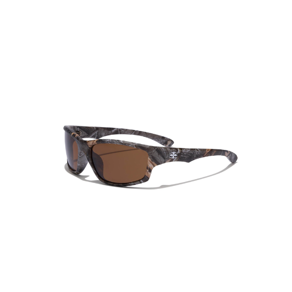 Sunglasses with camouflage frame and brown lenses on a white background