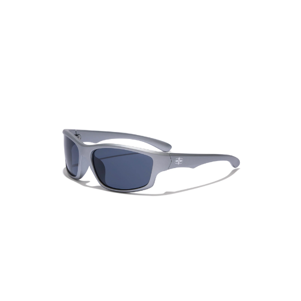 Sunglasses with gray frame and dark lenses on a white background