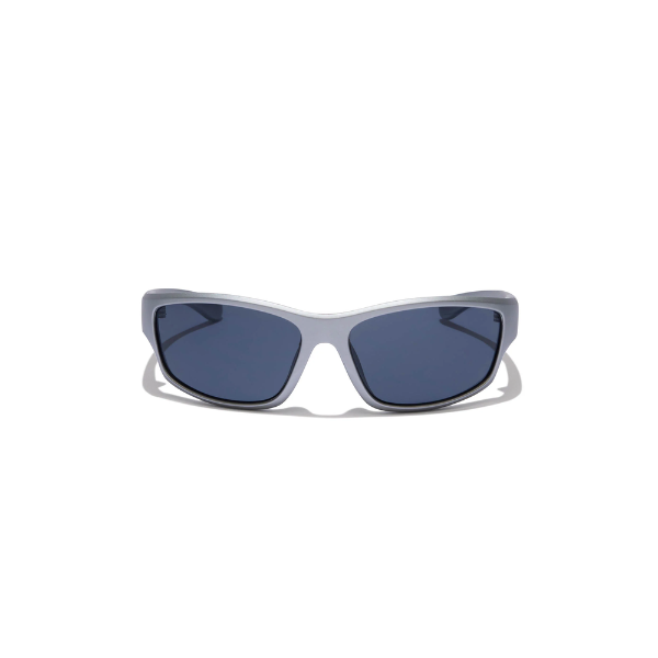 Sunglasses with a silver frame and dark lenses on a white background