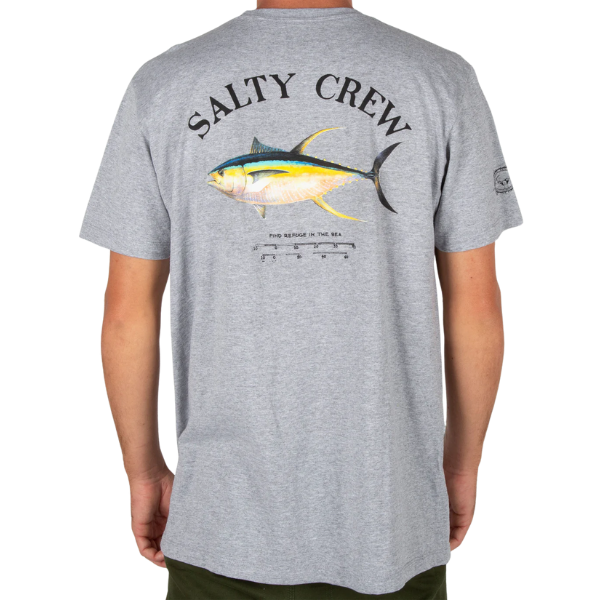 Gray t-shirt with Salty Crew logo and fish design on a white background