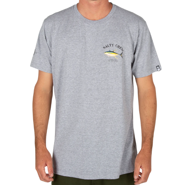 Person wearing a gray t-shirt with a logo on a white background