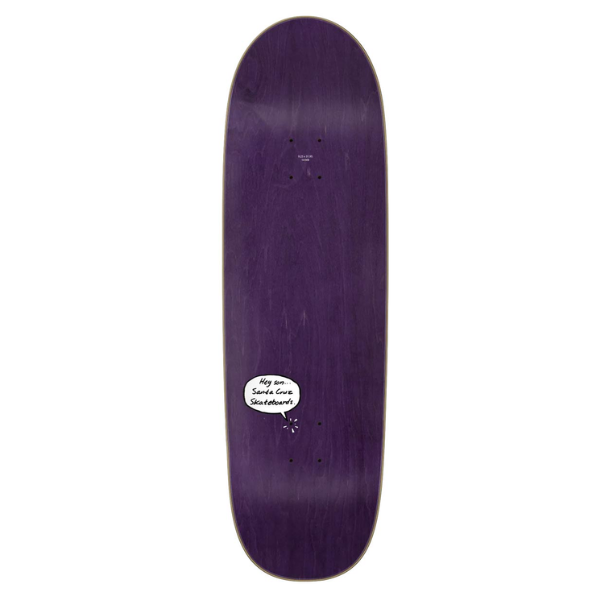 Purple skateboard deck with a logo on a white background