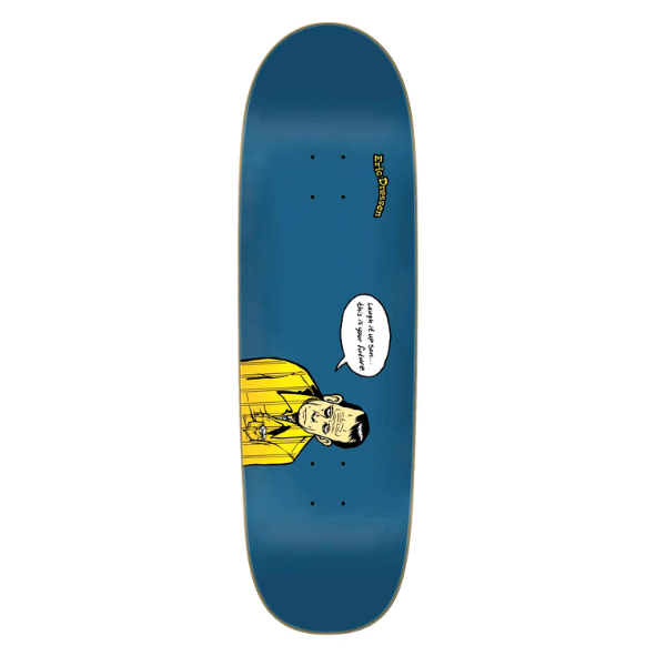 Skateboard deck with a graphic design on a blue background