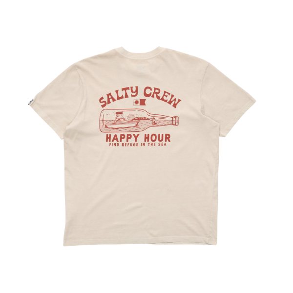 Beige t-shirt with red 'Salty Crew' and 'Happy Hour' text on a white background