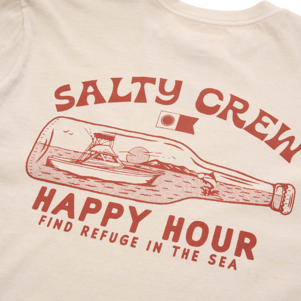 Beige t-shirt with red 'Salty Crew' graphic and text on a beige background