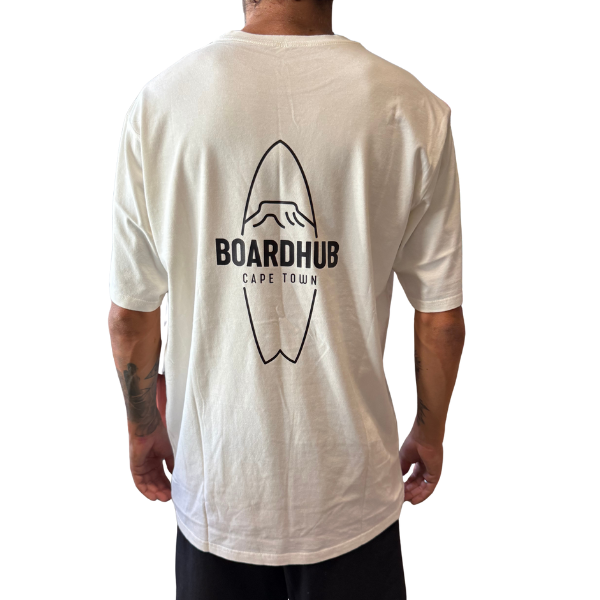 Person wearing a white t-shirt with 'Boardhub Cape Town' logo on the back