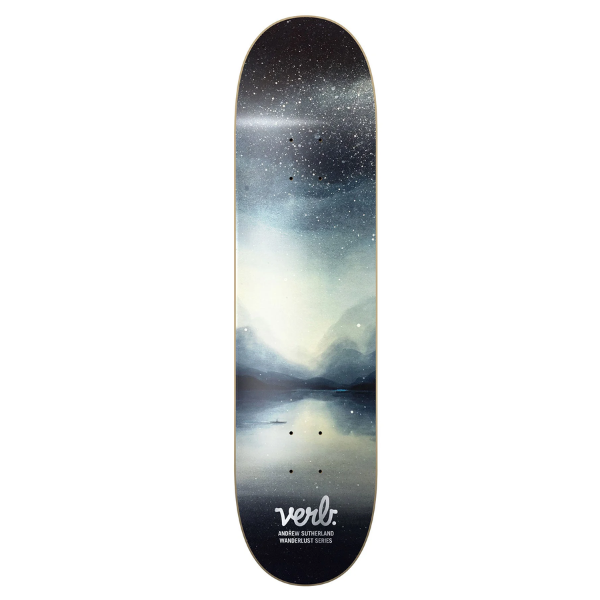 Skateboard deck with a scenic design and Verli branding on a white background